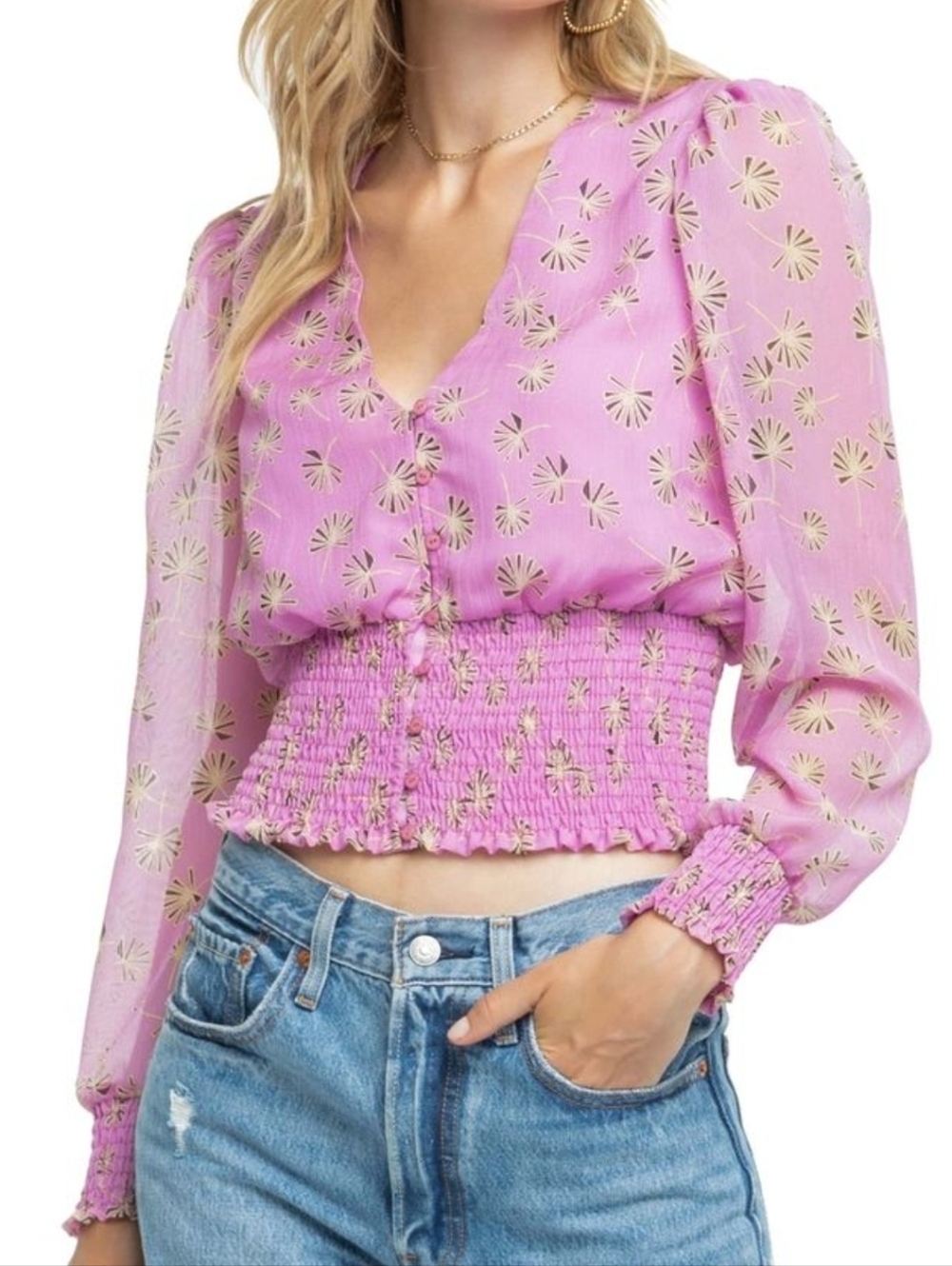 ASTR the Label Lavender Palm Print Smocked Waist V-Neck Button Down Top XS